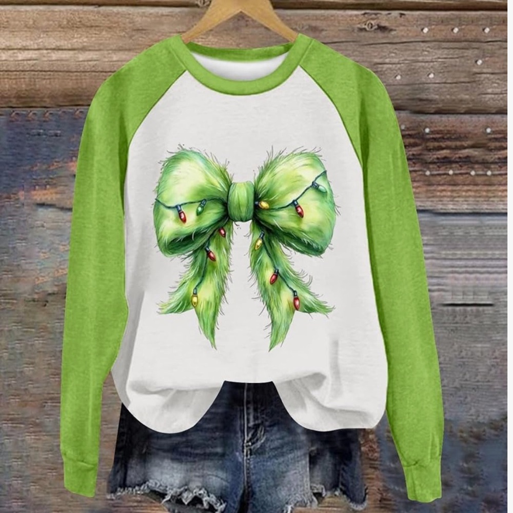 Grinch themed Bow Shirt Ladies size large Christmas sweater